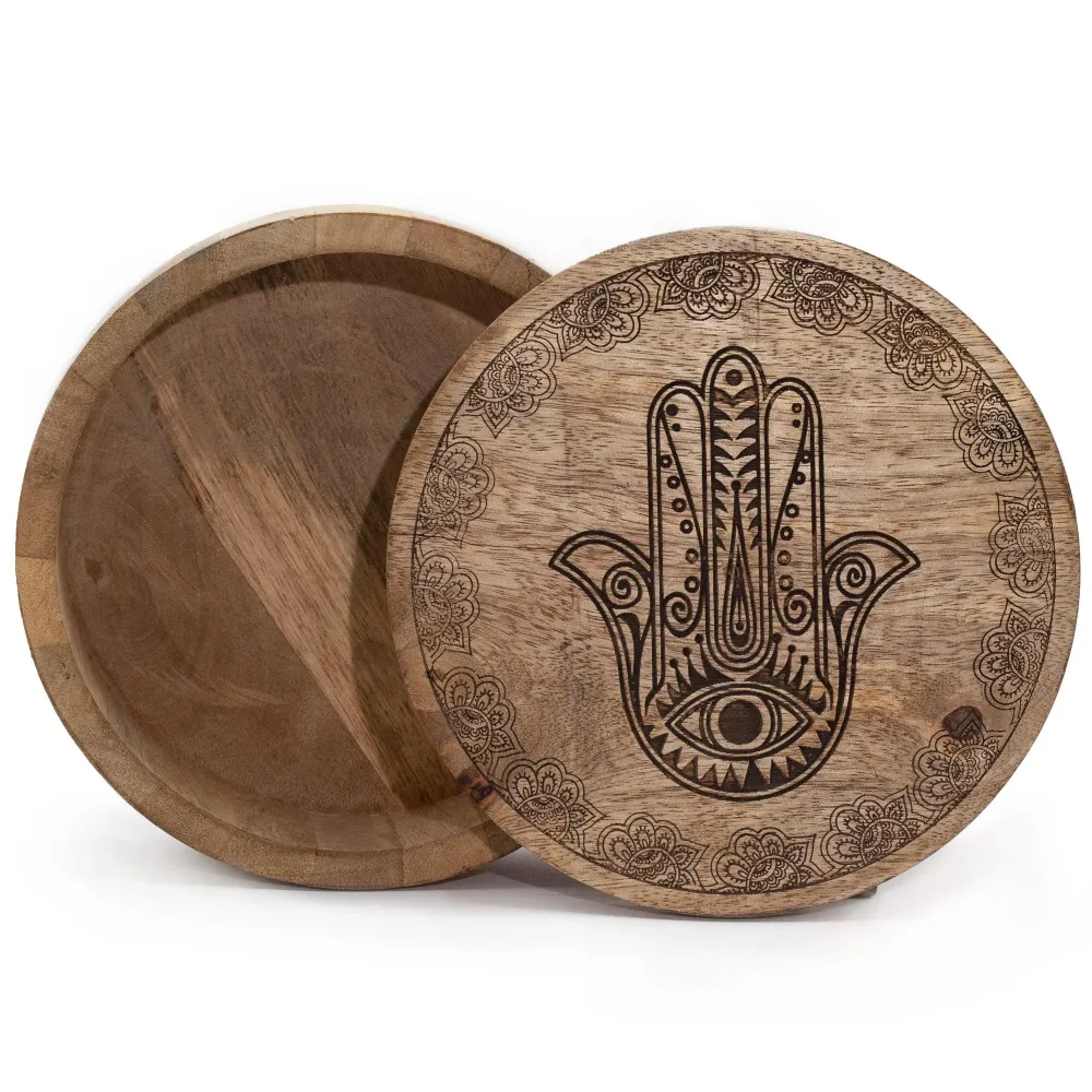 Nagy Kerek Doboz 17.5x7.5cm Hamsa Fekete Gravírozott