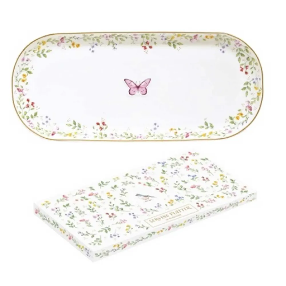 Porcelán kínáló tálca tálca 34x15 cm pillangós díszdobozzal Fancy Garden