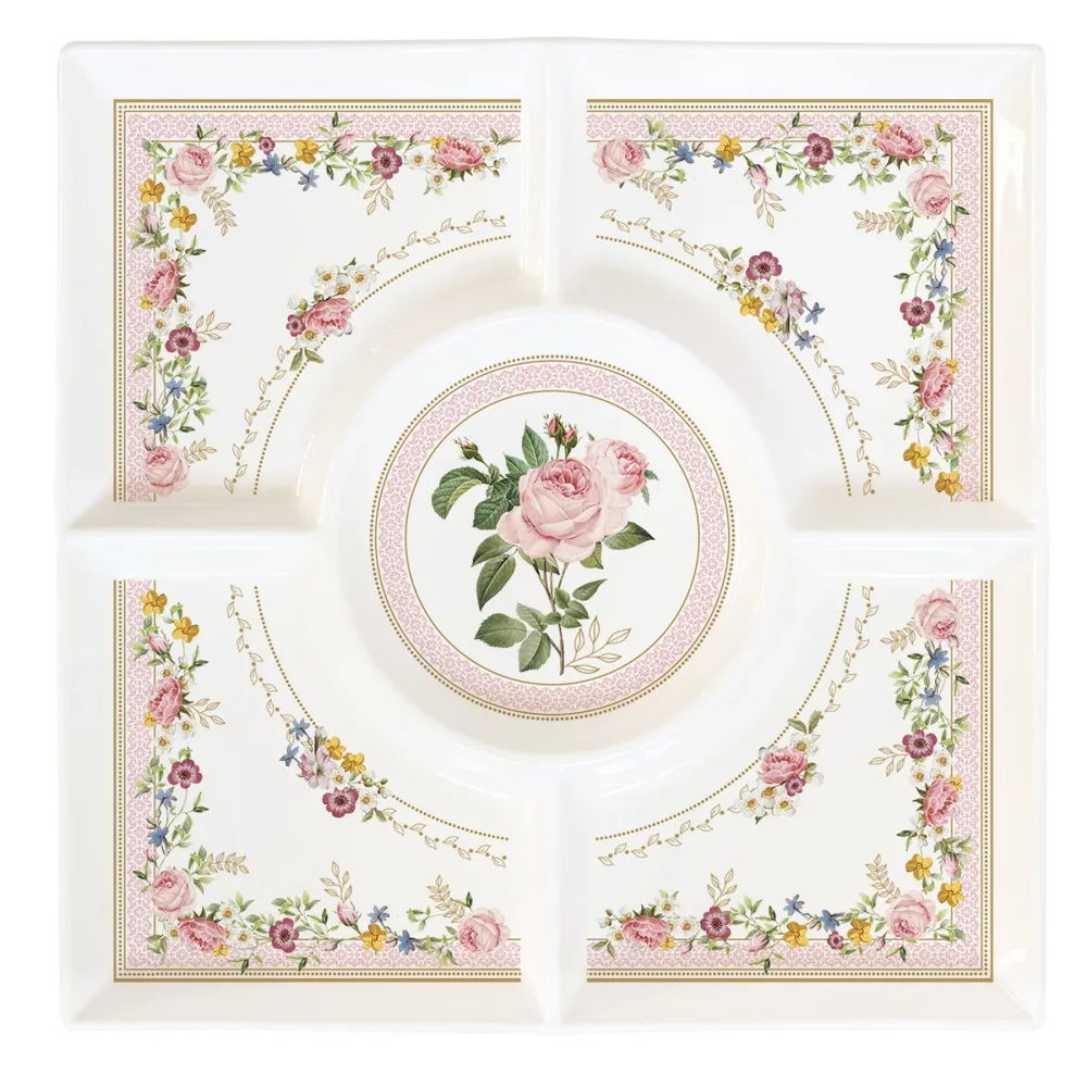 Porcelán osztott kínáló tálca 25x25 cm díszdobozban – Rózsa mintás Chant des Roses