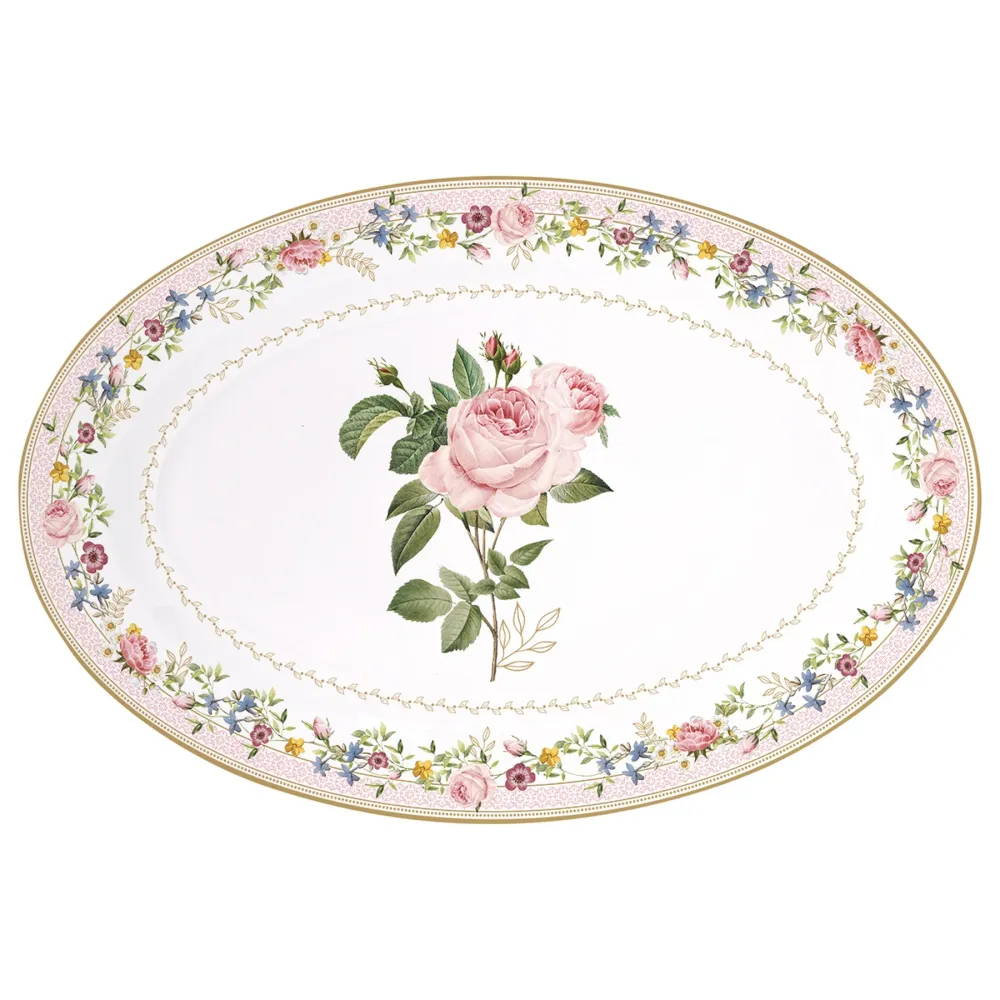 Porcelán ovál tálca 35x23,5 cm díszdobozban – Rózsa mintás Chant des Roses