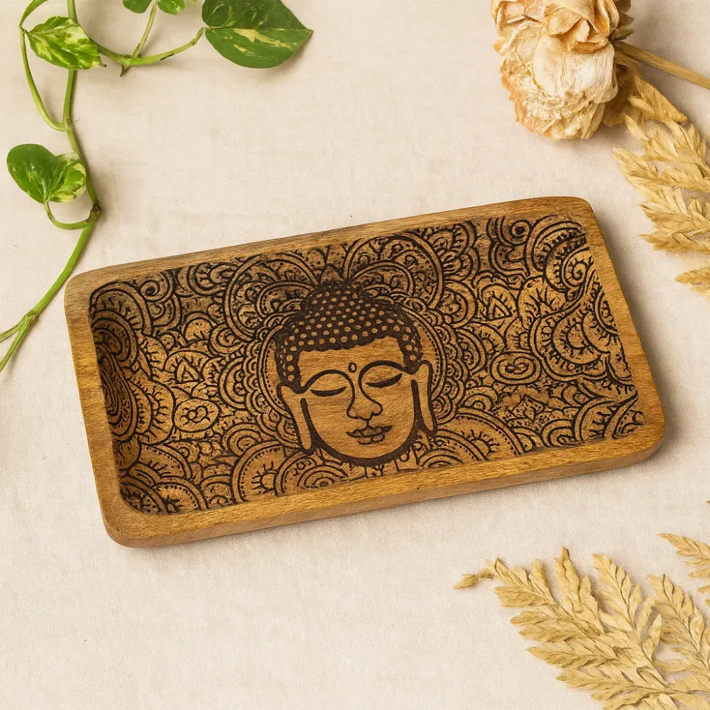 Tálca Buddha arc gravírozott fekete 30x15x2.5cm