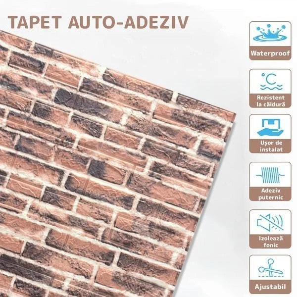 Set 10 3D Tapétalap, Vivimall, 70 x 77 cm, 3 mm vastag, polietilén, tégla minta, 5.3 nm fedett felület, Vörös Tégla