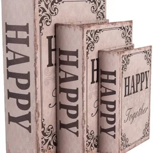 Könyv alakú vintage fa tároló doboz szett 3 részes antik barna Happy together