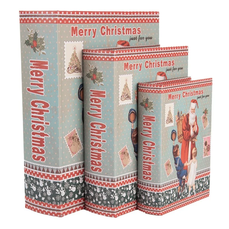 Télapós könyv alakú vintage fa tároló doboz szett 3 részes Merry Christmas