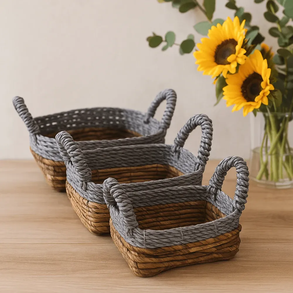 Négyzet alakú banánlevél raffia kosár szett, 3 darabos