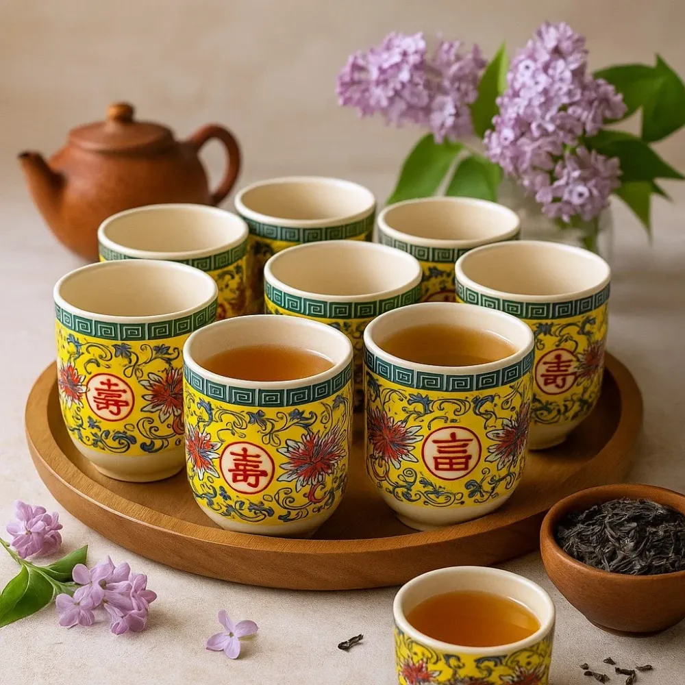 Tea csészék hosszú élet mintával, 6 darabos készlet