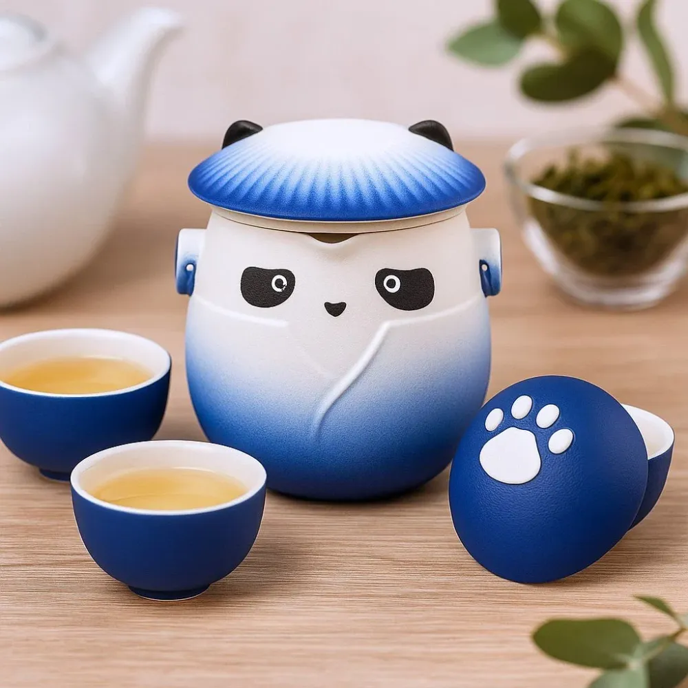 Panda teáskészlet 3 csészével, égkék