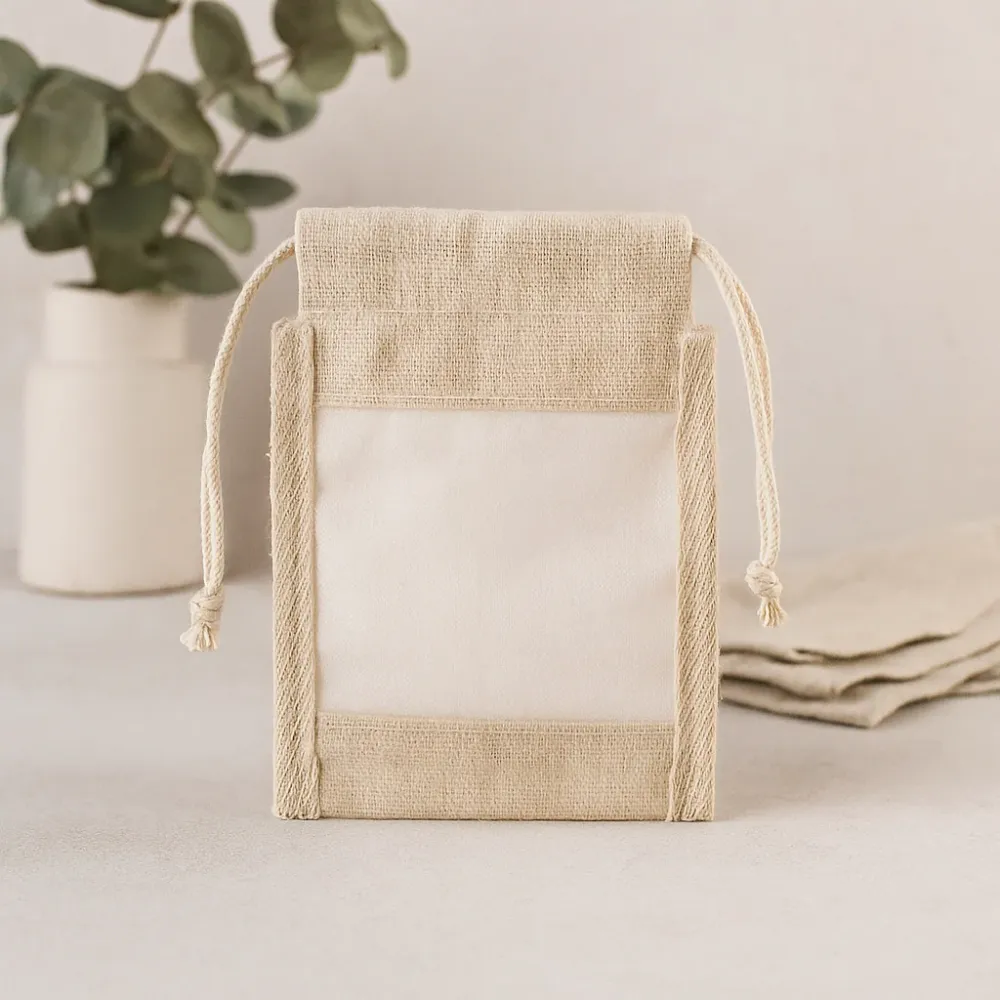Pamut zsinórzáras tasak organza ablakkal 10 x 15 cm