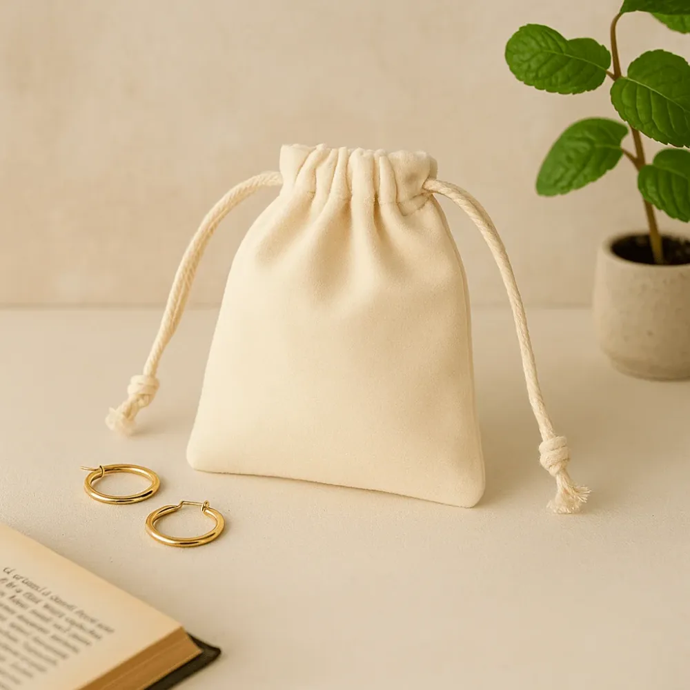 Velúr húzózsinóros tasak – elefántcsont 10x12 cm