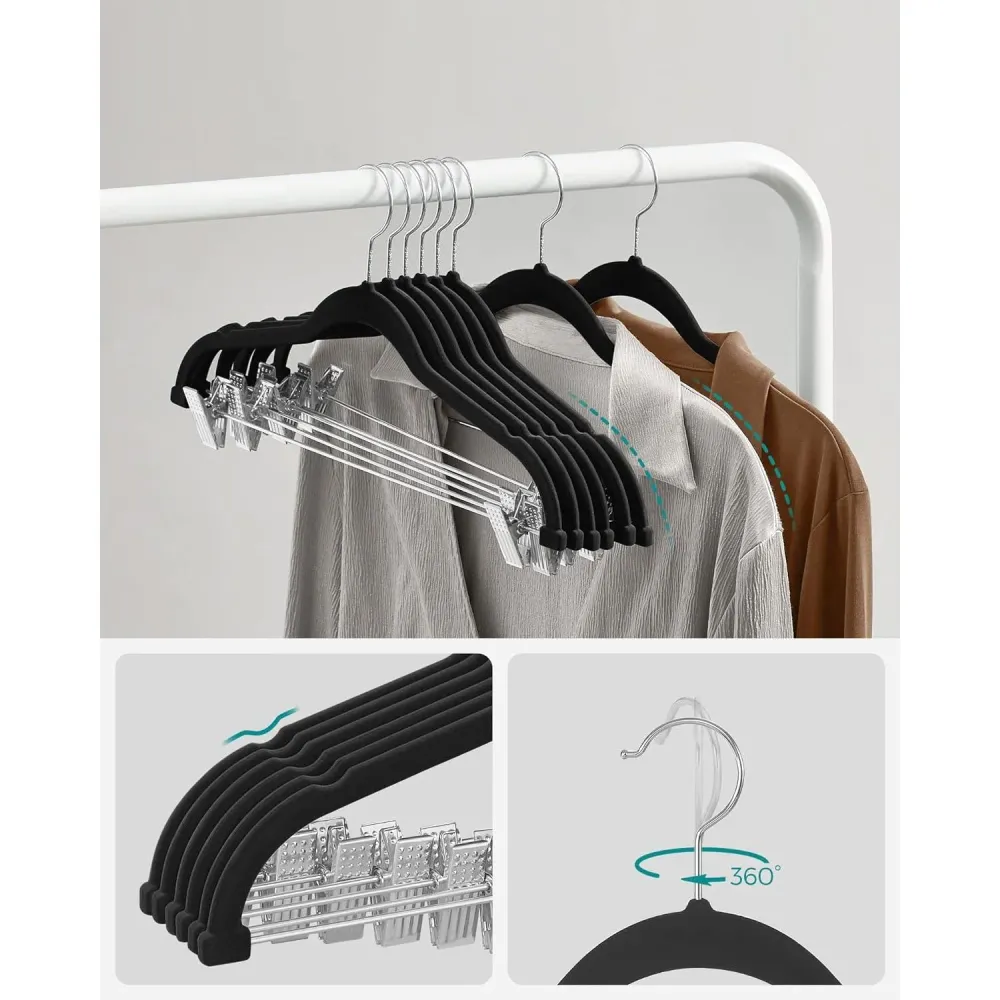 Nadrágakasztók, 12 darab bársony vállfák állítható kapcsokkal, fekete