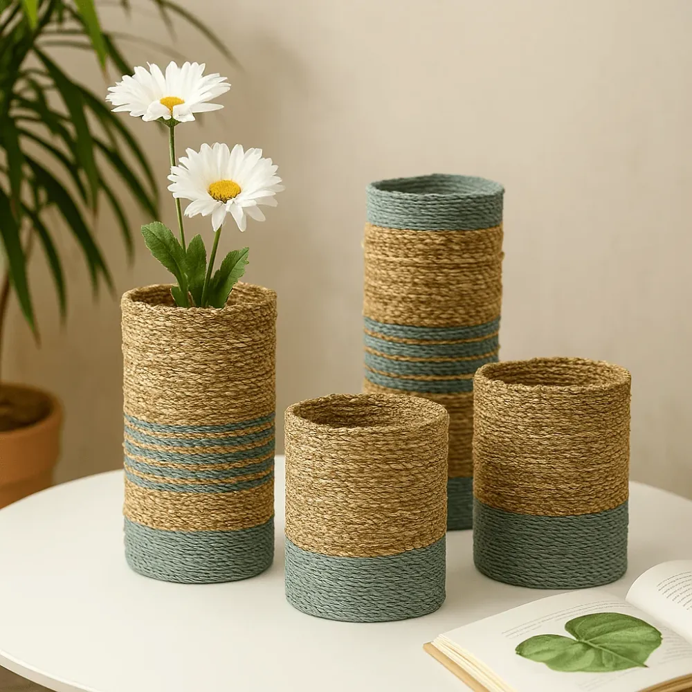 Tengeri fű raffia vázák és tárolók, 2 darab egyenként