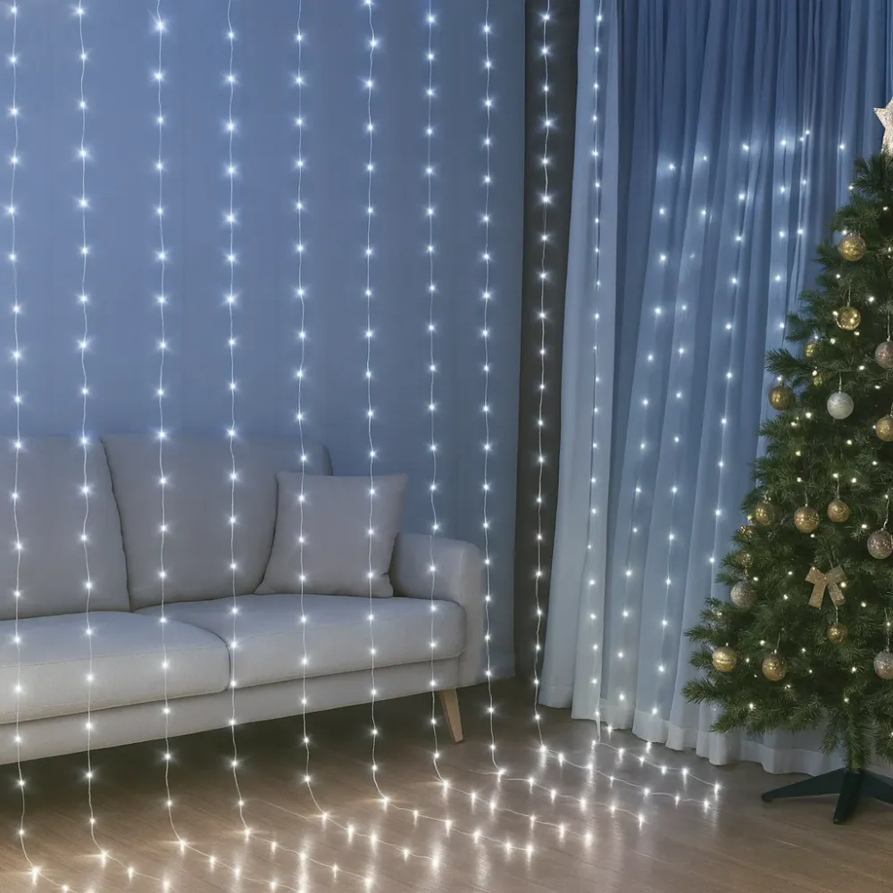 3×2,8 m-es LED Fényfüggöny – 300 LED, Hidegfehér, Beltéri Dekoráció
