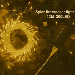 12 m-es Napelemes „Tűzijáték” LED Fényfüzér – 300 LED, kültéri dekoráció Melegfehér