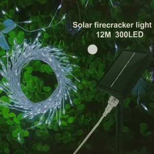 12 m-es Napelemes „Tűzijáték” LED Fényfüzér – 300 LED, kültéri dekoráció hidegfehér
