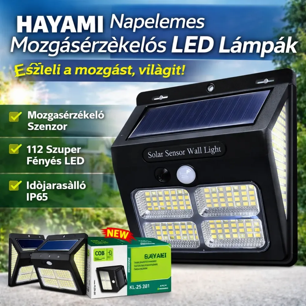 Napelemes Mozgásérzékelős LED Lámpa – 112 LED, Kültéri, IP65 Vízálló